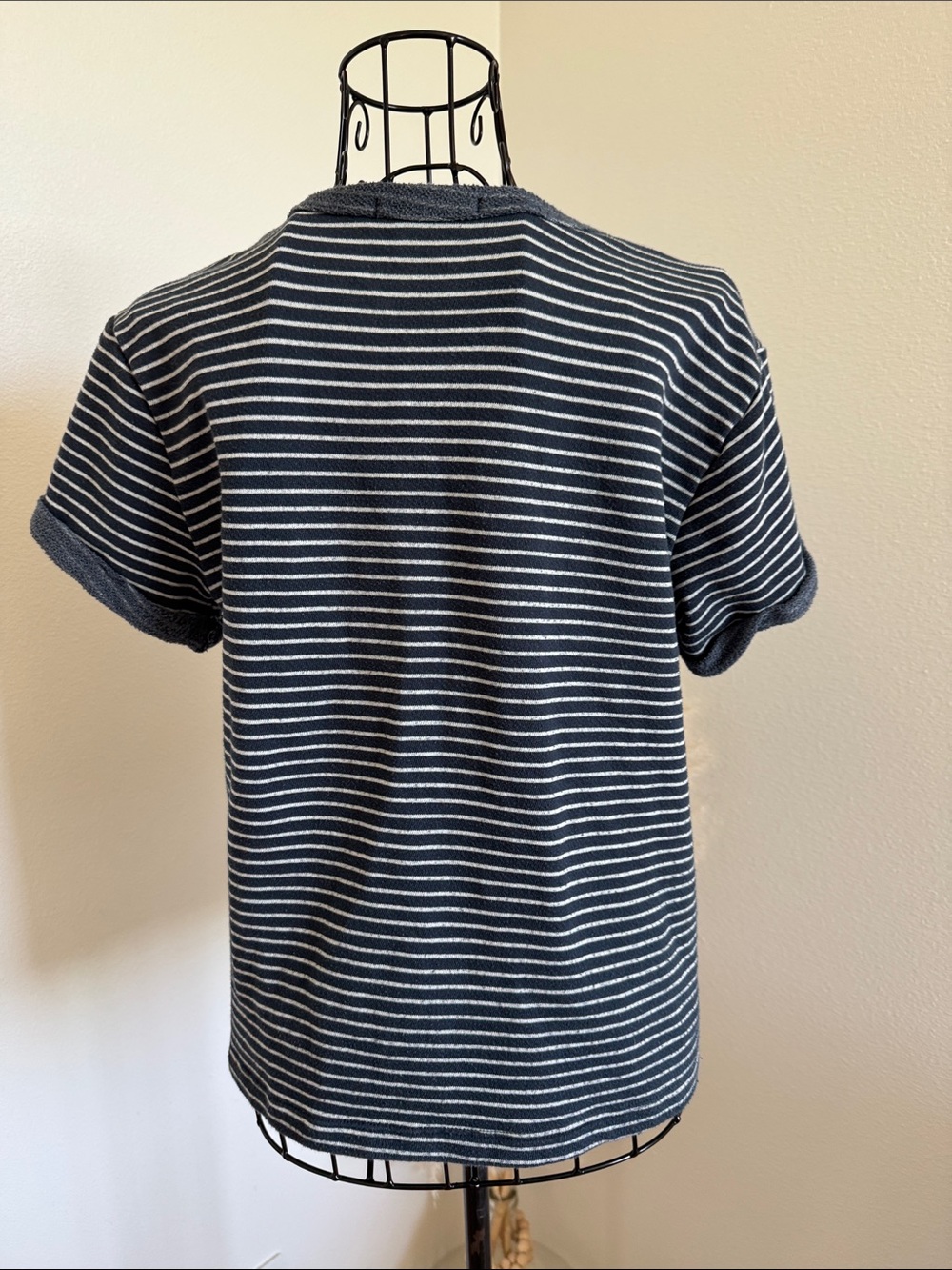 Marine Layer Navy and White Striped Short Sleeve French Terry Tee Small- Preppy - Picture 6 of 11